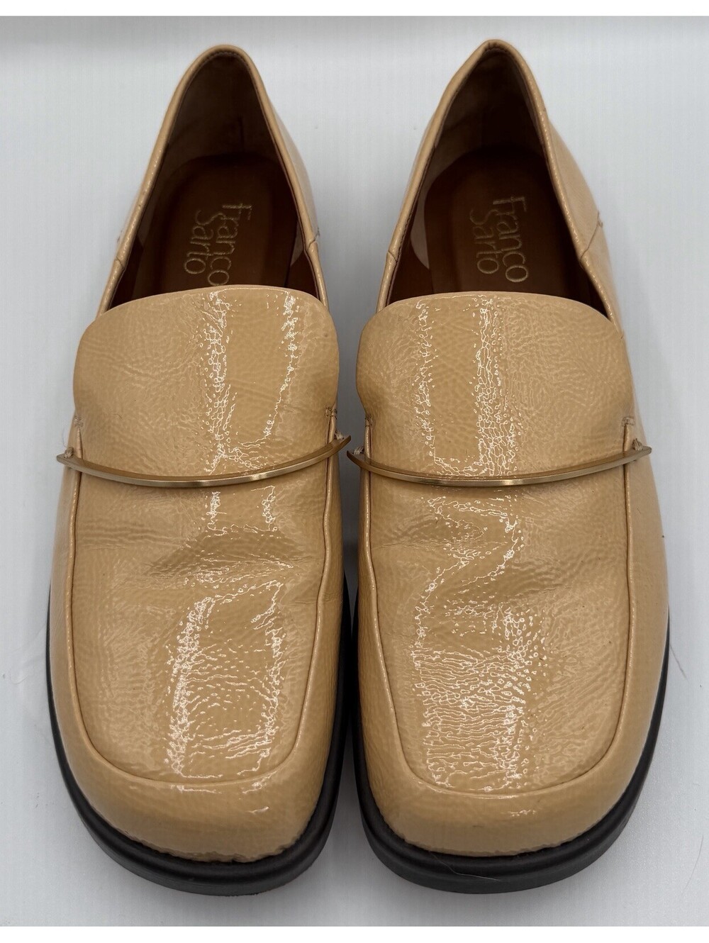 Franco Sarto Bocca Loafer 9 Beige Patent Leather Minimalist Gold Hardware EUC